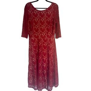 Melrose Women's Red Lace Floral Sheer Embroider Lined Zip Midi Tea Dress Size 14